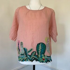 Zaful - Pink Green Cactus Flower Embroidered Linen Style Shirt